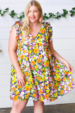 Indigo & Lemon Floral Babydoll Ruffle Dress - Coeur de la Mode