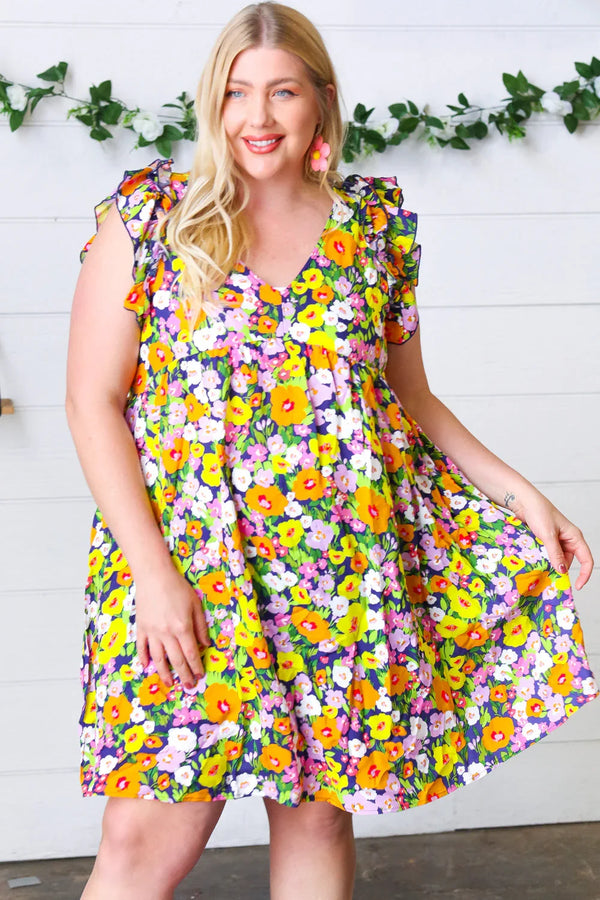 Indigo & Lemon Floral Babydoll Ruffle Dress - Coeur de la Mode