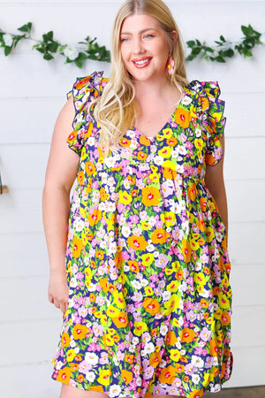 Indigo & Lemon Floral Babydoll Ruffle Dress - Coeur de la Mode