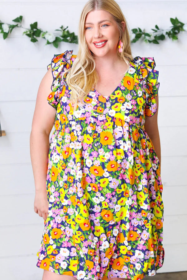 Indigo & Lemon Floral Babydoll Ruffle Dress - Coeur de la Mode