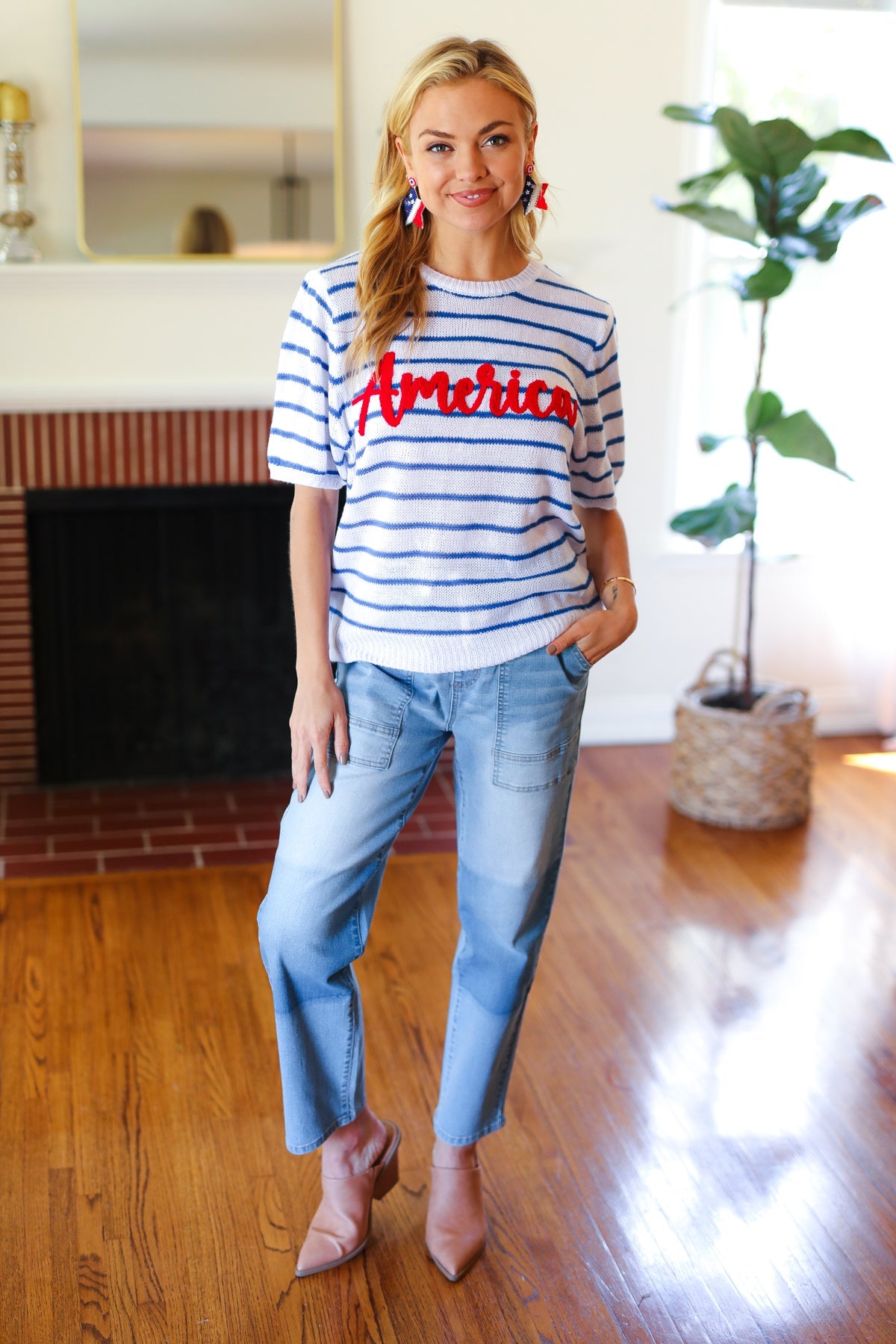 America Proud Blue Striped Embroidered Puff Sleeve Top