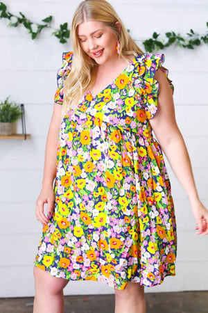 Indigo & Lemon Floral Babydoll Ruffle Dress - Coeur de la Mode
