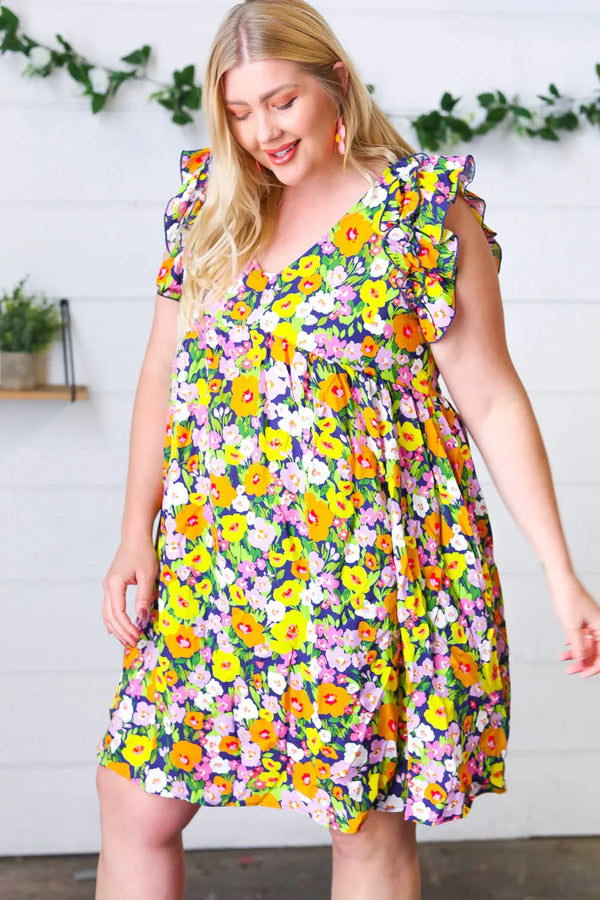 Indigo & Lemon Floral Babydoll Ruffle Dress - Coeur de la Mode