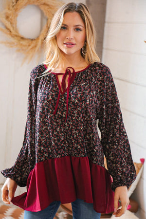 Wine Ditzy Floral Front Tie Ruffle Hem Top - Coeur de la Mode