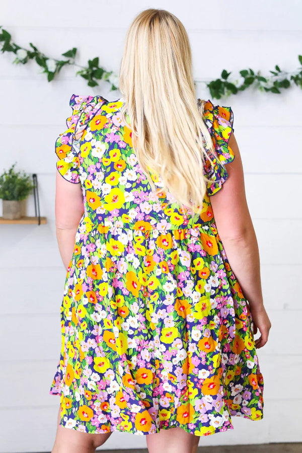 Indigo & Lemon Floral Babydoll Ruffle Dress - Coeur de la Mode