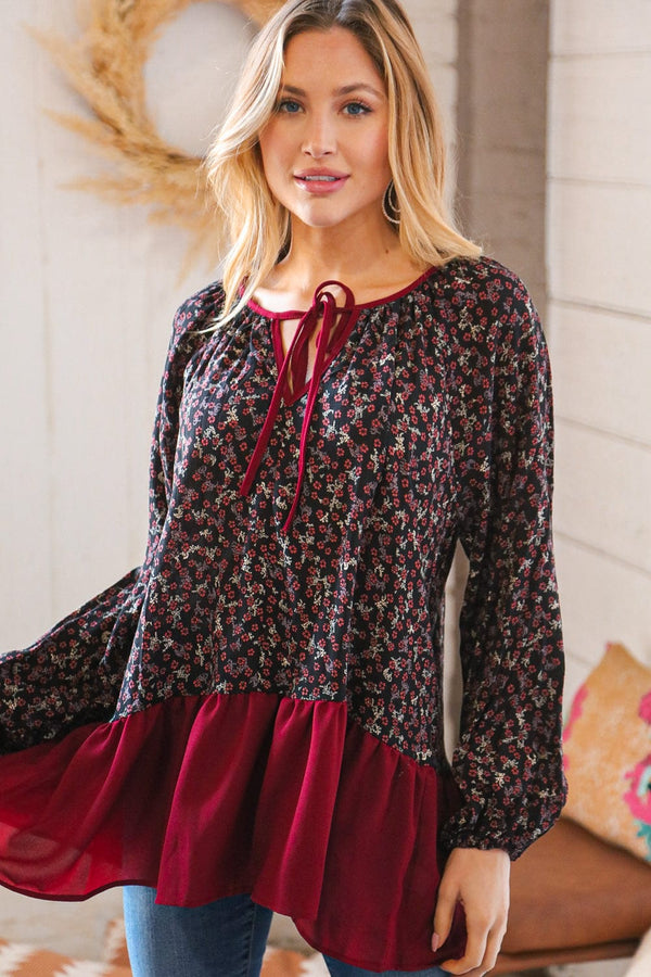 Wine Ditzy Floral Front Tie Ruffle Hem Top - Coeur de la Mode