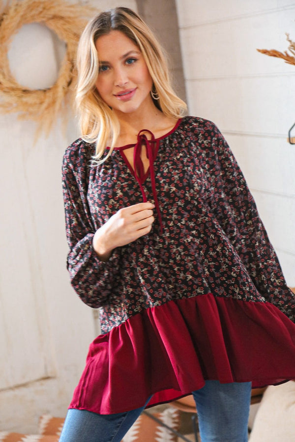 Wine Ditzy Floral Front Tie Ruffle Hem Top - Coeur de la Mode