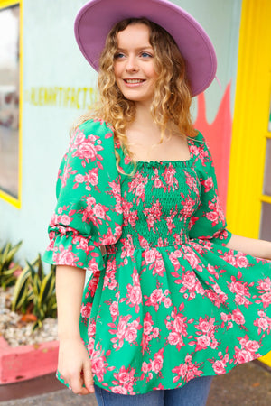 Sumptuous In Smocked Green & Coral Flower Print Babydoll Top - Coeur de la Mode