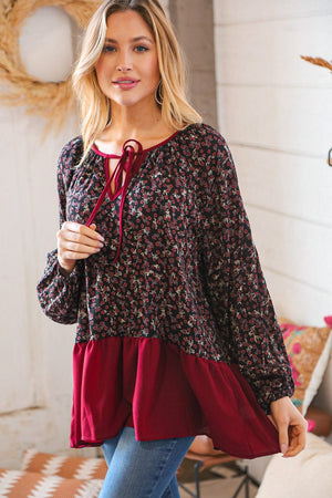 Wine Ditzy Floral Front Tie Ruffle Hem Top - Coeur de la Mode