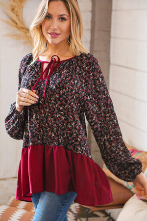 Wine Ditzy Floral Front Tie Ruffle Hem Top - Coeur de la Mode