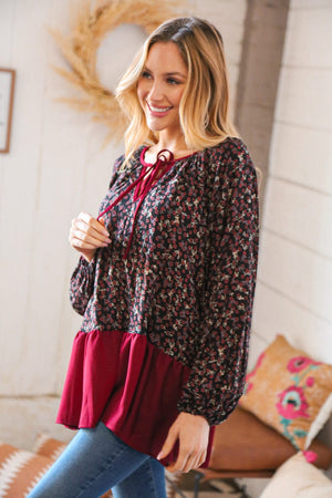 Wine Ditzy Floral Front Tie Ruffle Hem Top - Coeur de la Mode