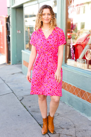 Rose Leopard Surplice V Neck Pocketed Dress - Coeur de la Mode