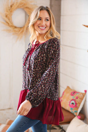 Wine Ditzy Floral Front Tie Ruffle Hem Top - Coeur de la Mode