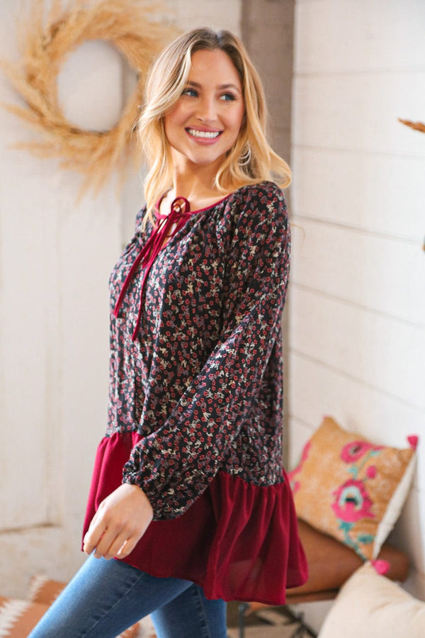 Wine Ditzy Floral Front Tie Ruffle Hem Top - Coeur de la Mode