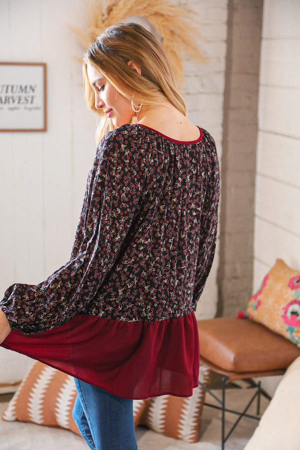 Wine Ditzy Floral Front Tie Ruffle Hem Top - Coeur de la Mode