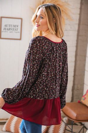 Wine Ditzy Floral Front Tie Ruffle Hem Top - Coeur de la Mode