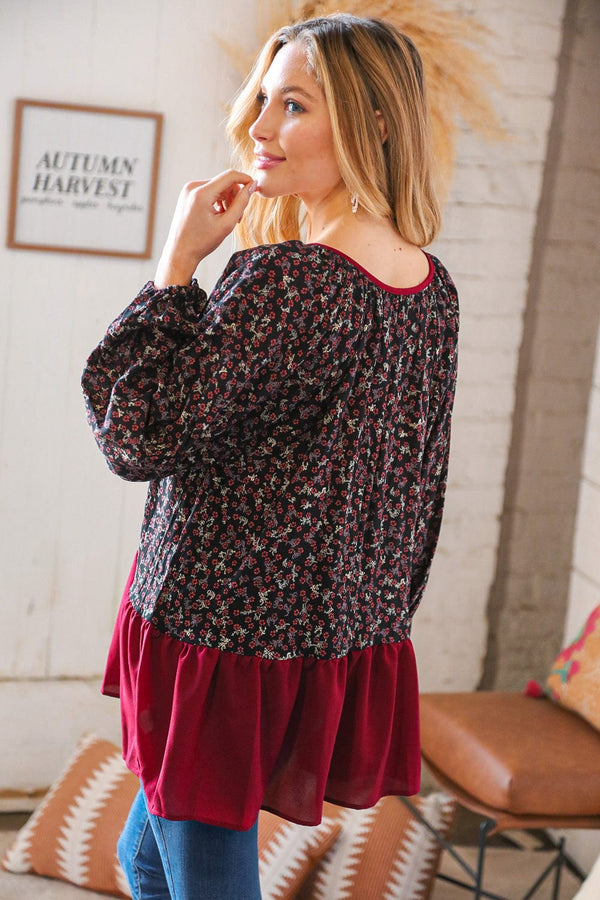 Wine Ditzy Floral Front Tie Ruffle Hem Top - Coeur de la Mode