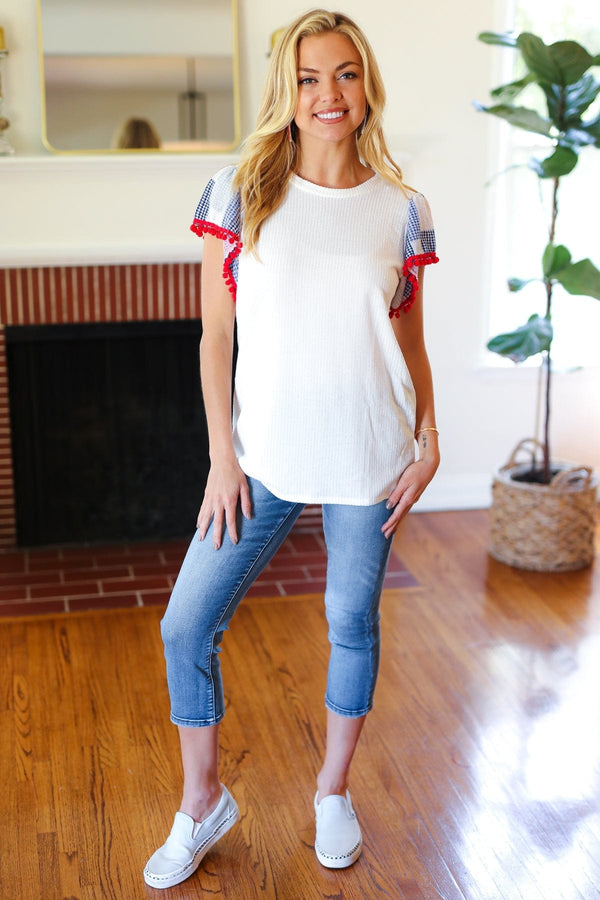 Patriotic Pom Pom Lace Flutter Sleeve Top - Coeur de la Mode