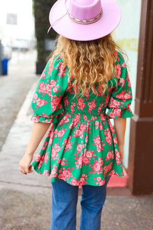 Sumptuous In Smocked Green & Coral Flower Print Babydoll Top - Coeur de la Mode