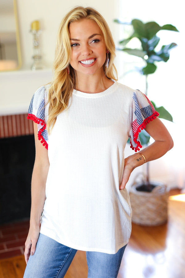 Patriotic Pom Pom Lace Flutter Sleeve Top - Coeur de la Mode