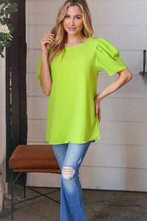 Neon Green Round Neck Puff Sleeve Crepe Top - Coeur de la Mode