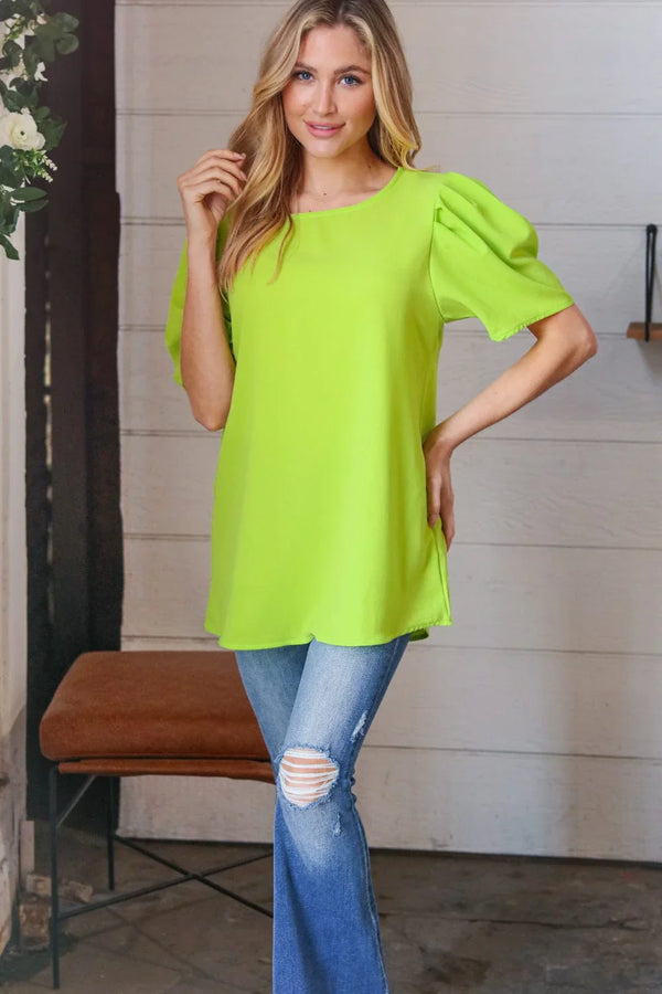 Neon Green Round Neck Puff Sleeve Crepe Top - Coeur de la Mode