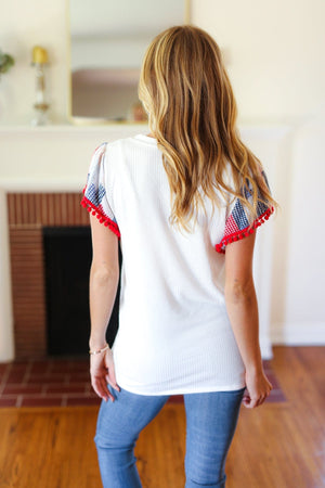 Patriotic Pom Pom Lace Flutter Sleeve Top - Coeur de la Mode