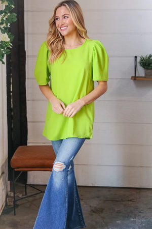 Neon Green Round Neck Puff Sleeve Crepe Top - Coeur de la Mode