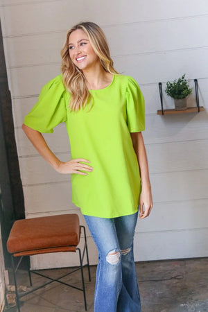 Neon Green Round Neck Puff Sleeve Crepe Top - Coeur de la Mode