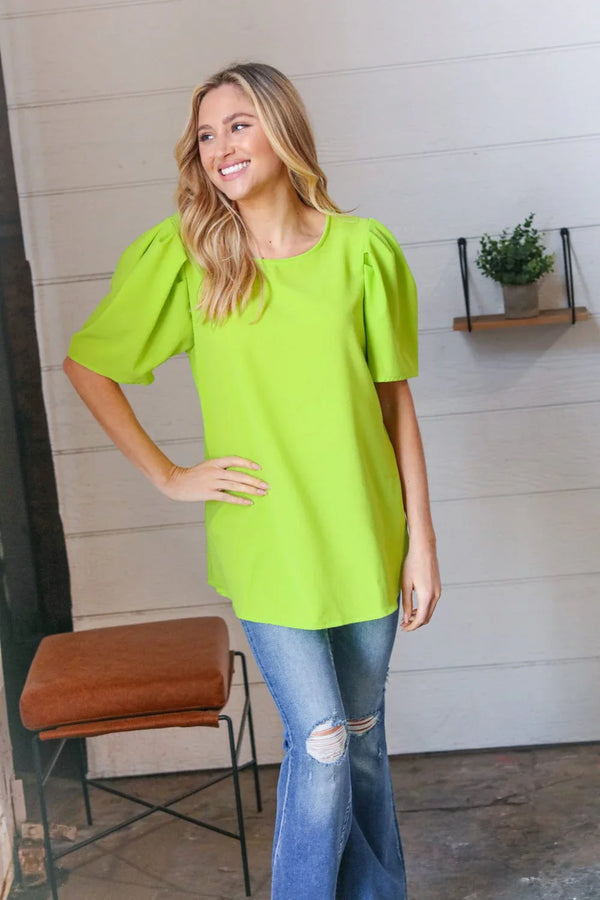 Neon Green Round Neck Puff Sleeve Crepe Top - Coeur de la Mode