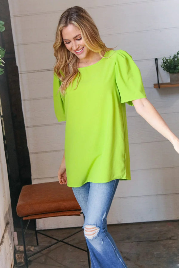 Neon Green Round Neck Puff Sleeve Crepe Top - Coeur de la Mode