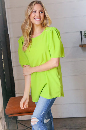 Neon Green Round Neck Puff Sleeve Crepe Top - Coeur de la Mode