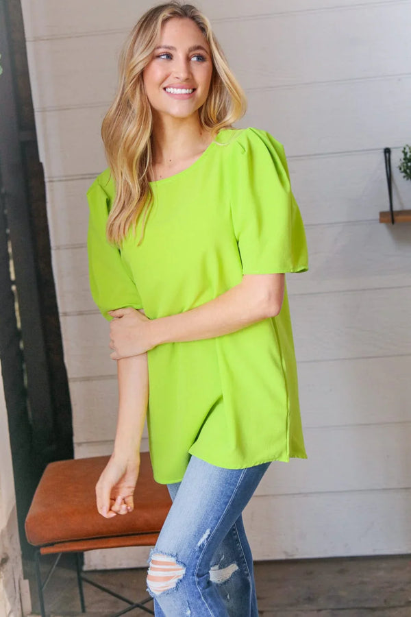 Neon Green Round Neck Puff Sleeve Crepe Top - Coeur de la Mode