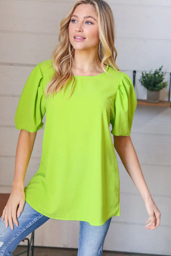 Neon Green Round Neck Puff Sleeve Crepe Top - Coeur de la Mode