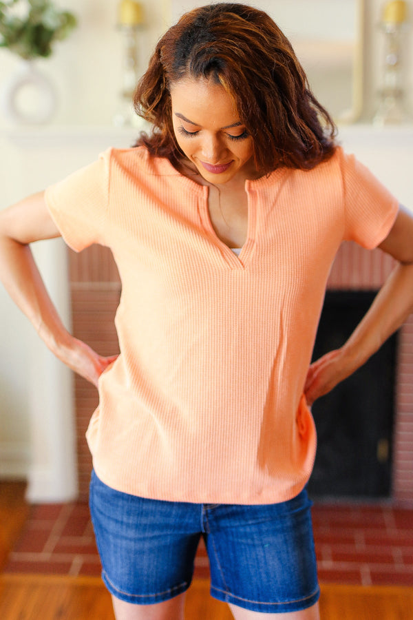 Feel Your Best Coral Baby Waffle Henley Neckline Top (Copy) - Coeur de la Mode