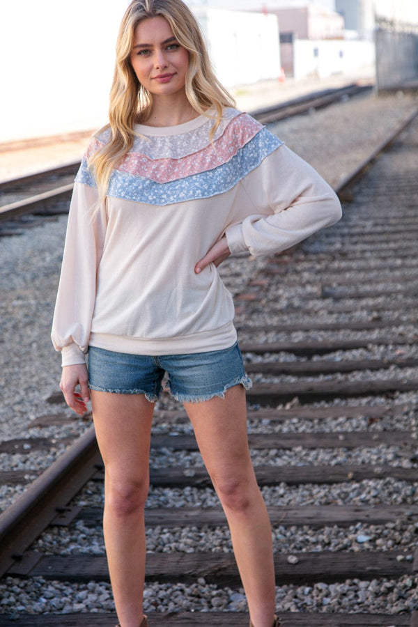 Taupe & Sky Blue Thermal Knit Out Seam Stitch Pullover - Coeur de la Mode