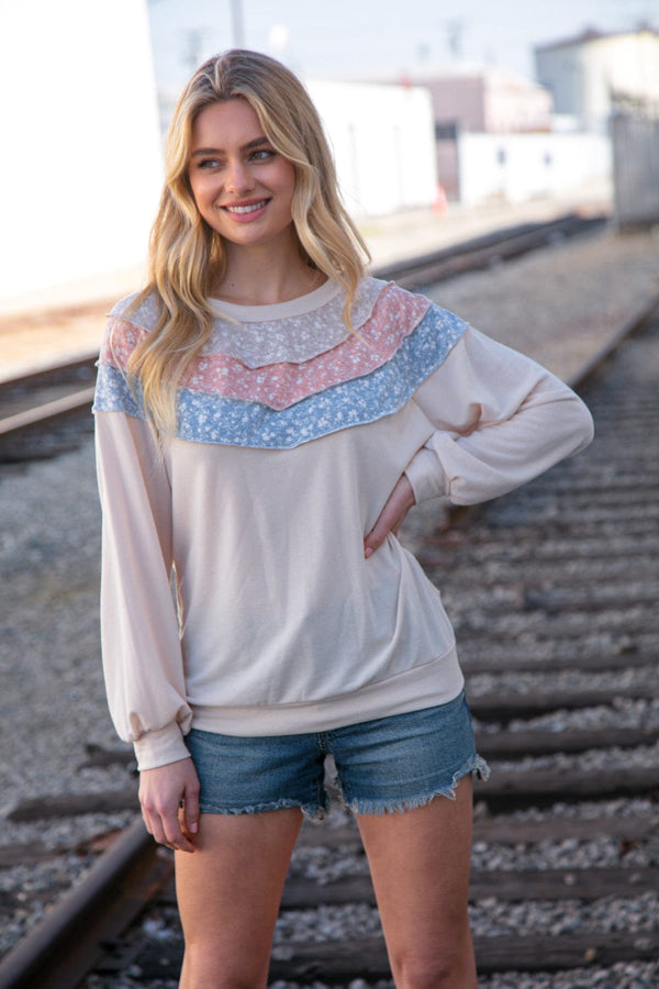 Taupe & Sky Blue Thermal Knit Out Seam Stitch Pullover - Coeur de la Mode