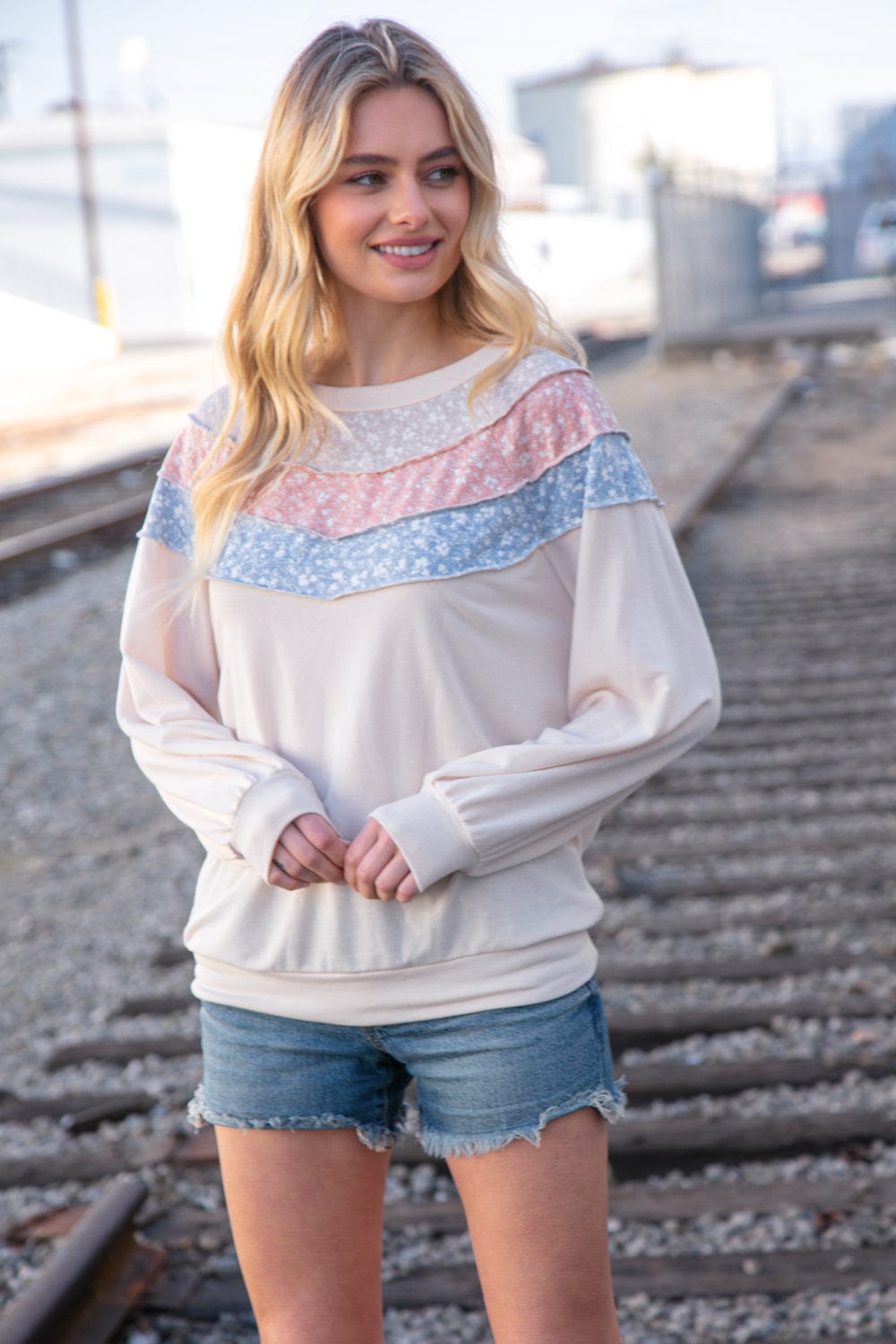 Taupe & Sky Blue Thermal Knit Out Seam Stitch Pullover - Coeur de la Mode
