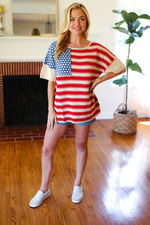 American Flag Jacquard Knit Sweater Top - Coeur de la Mode