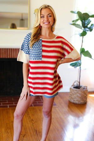 American Flag Jacquard Knit Sweater Top - Coeur de la Mode