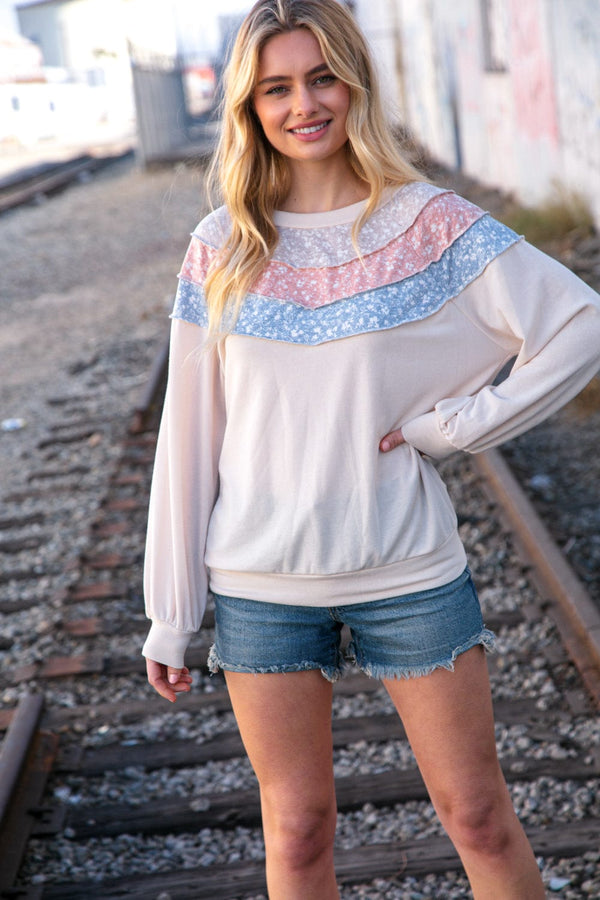 Taupe & Sky Blue Thermal Knit Out Seam Stitch Pullover - Coeur de la Mode
