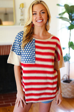 American Flag Jacquard Knit Sweater Top - Coeur de la Mode