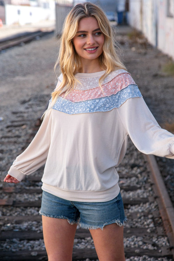 Taupe & Sky Blue Thermal Knit Out Seam Stitch Pullover - Coeur de la Mode