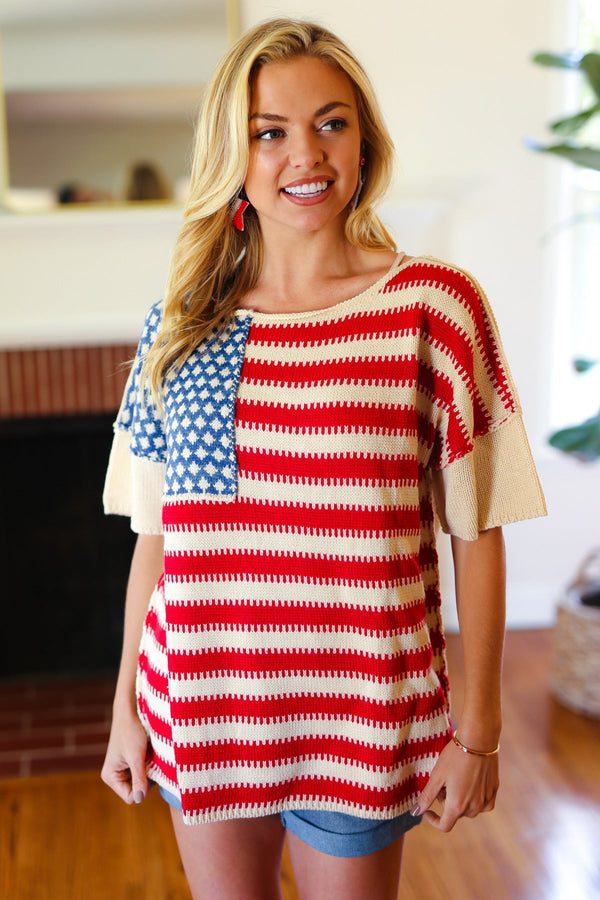 American Flag Jacquard Knit Sweater Top - Coeur de la Mode
