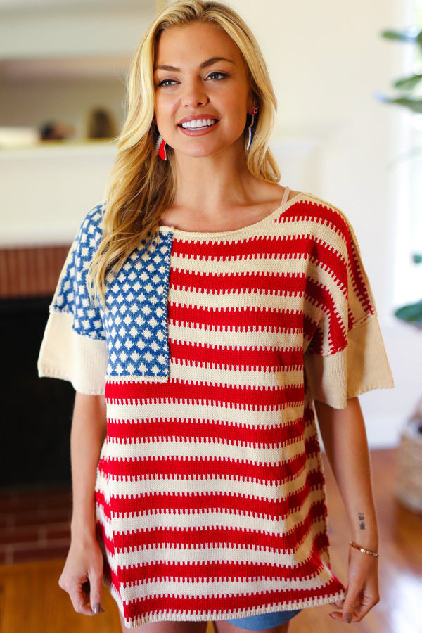 American Flag Jacquard Knit Sweater Top - Coeur de la Mode