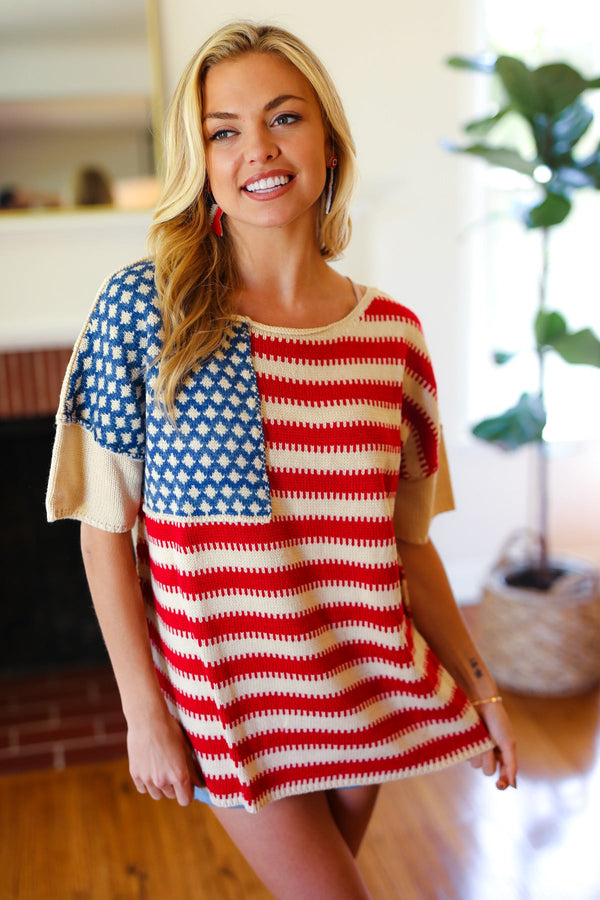 American Flag Jacquard Knit Sweater Top - Coeur de la Mode