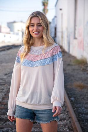 Taupe & Sky Blue Thermal Knit Out Seam Stitch Pullover - Coeur de la Mode