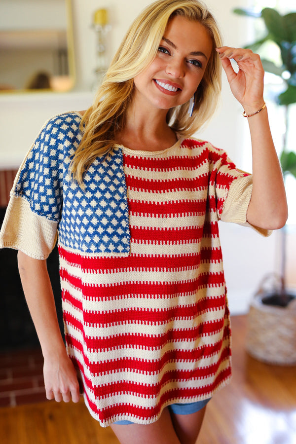 American Flag Jacquard Knit Sweater Top - Coeur de la Mode