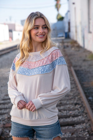 Taupe & Sky Blue Thermal Knit Out Seam Stitch Pullover - Coeur de la Mode