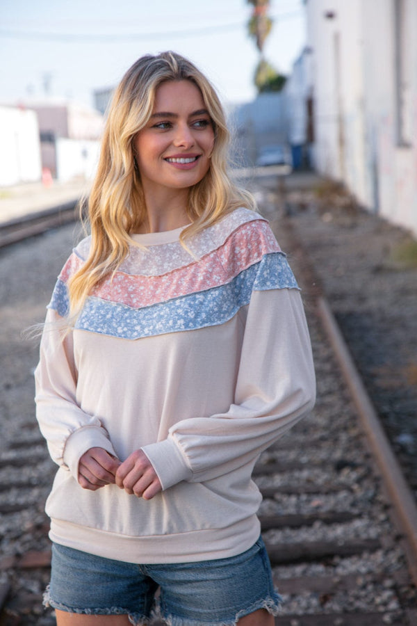 Taupe & Sky Blue Thermal Knit Out Seam Stitch Pullover - Coeur de la Mode